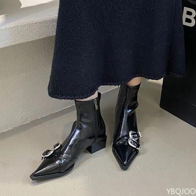 Autumn Winter Pointed Belt Buckle Thick Heel Short Boots for Women High Heels Back Zipper Soft Leather Slimming Short Boots