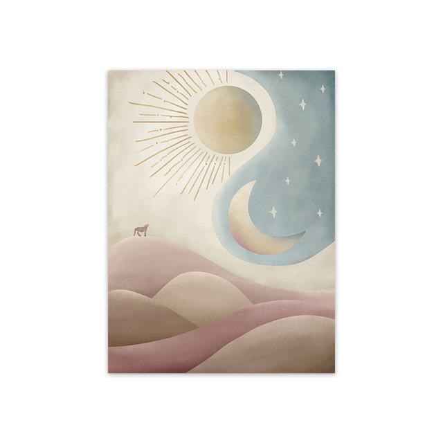 Nordic Sun Moon Pink Cloud Landscape Dreamy Poster Wall Art Canvas Painting and Print for Modern Home Cuadros Decoration Picture