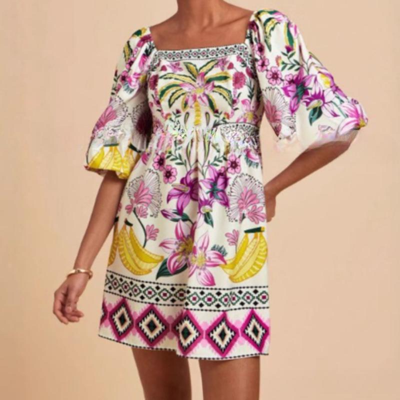 VEZFAA Women's Fashion Summer Spring Flower Pattern Print 1/2 Sleeves Square Collar High Waist Casual Dresses