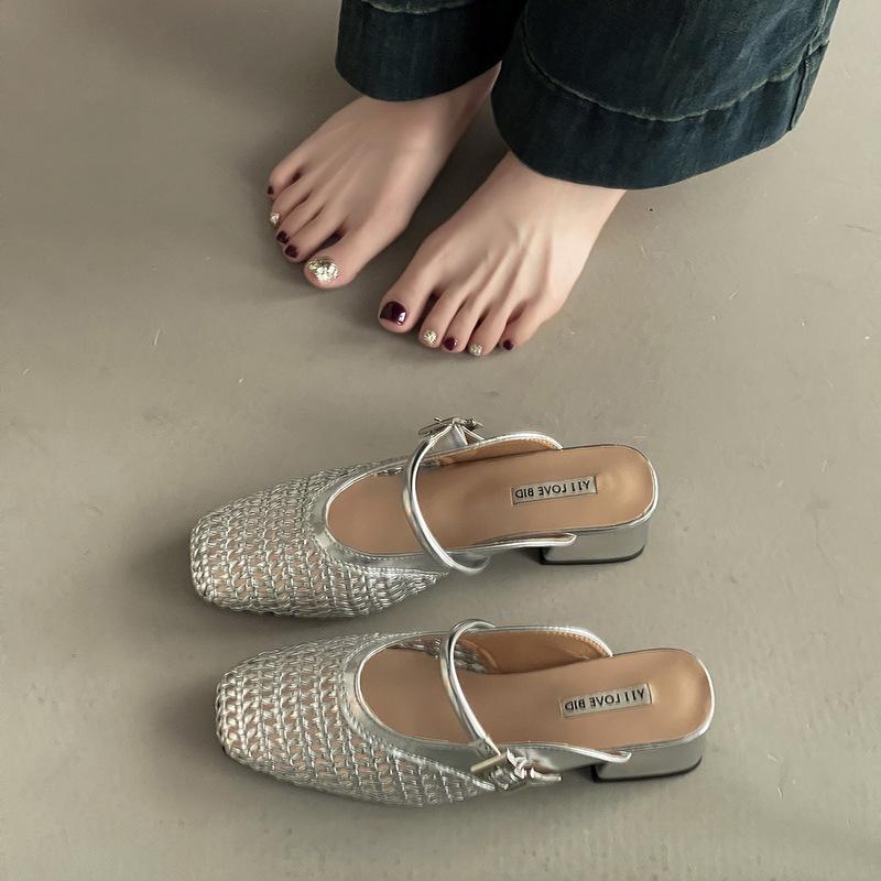 Simple retro mesh one-word pointed head thick heel high heel slippers summer temperament woven versatile soft sole sandals women's shoes