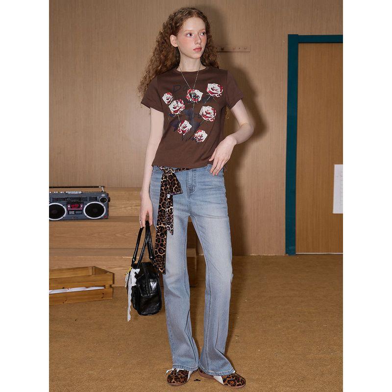 Coolhut American Retro Print Slim Fit Sweet and Spicy Style Round Neck 2025 Summer Women's T-Shirt Short Rose Versatile Niche