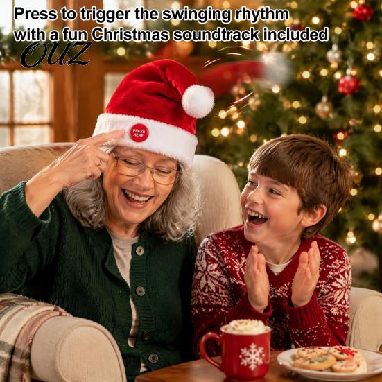 Měkká sváteční kostýmová rekvizita Zpívající a tančící Santa klobouk, Animovaný hudební vánoční klobouk Kývající do rytmu s aktivací pohybem po stisknutí, Plyšový
