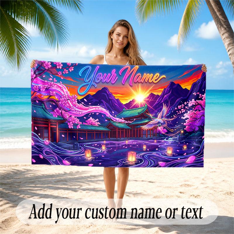 Floral Garden Theme Soft Beach Towel Personalized Custom Name Text Towel Portable for Beach Pool Travel