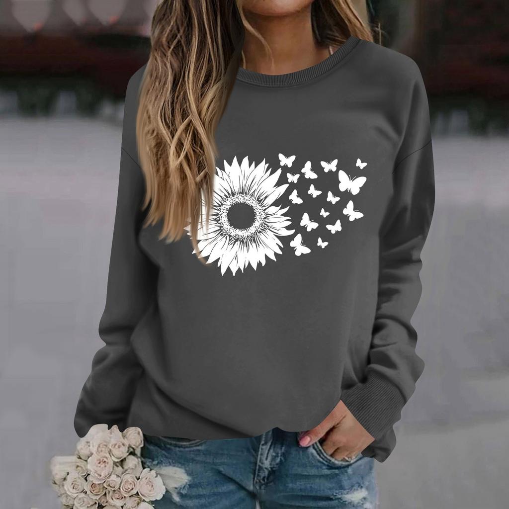 Women's Fashion Casual Long Sleeve Solid Color Printed Round Neck Top Sweatshirt