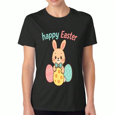 Happy Easter Bunny Lady's Cotton T Shirt, Premium Cotton Quality Print, Durable, Casual And Fashionable. Easter Rabbit Eggs Graphic Tee, A Perfect Spr