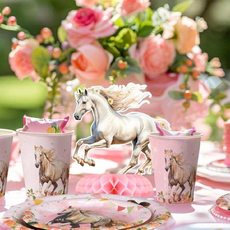 Pink Honeycomb Horse Centerpieces Set, 8 Piece Girl Birthday Table Decorations with Florals Horse, Horseshoes and Boot Pattern for Dessert Table