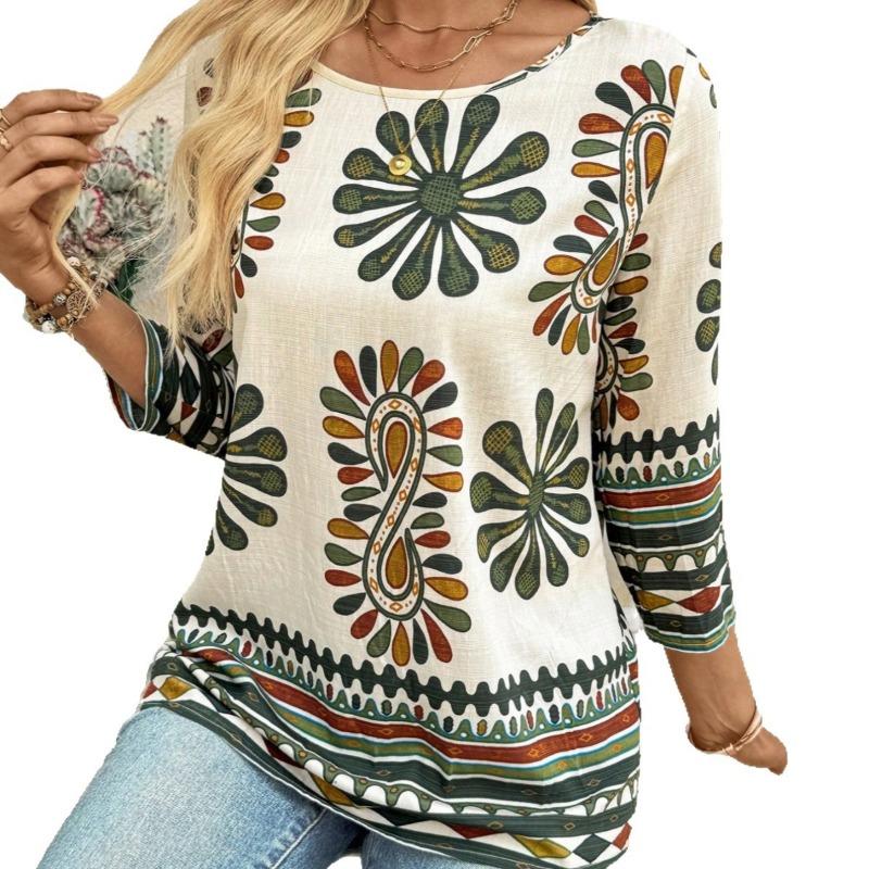 New Summer Women's Casual Loose and Versatile Round Neck Printed Three-quarter Sleeve Top