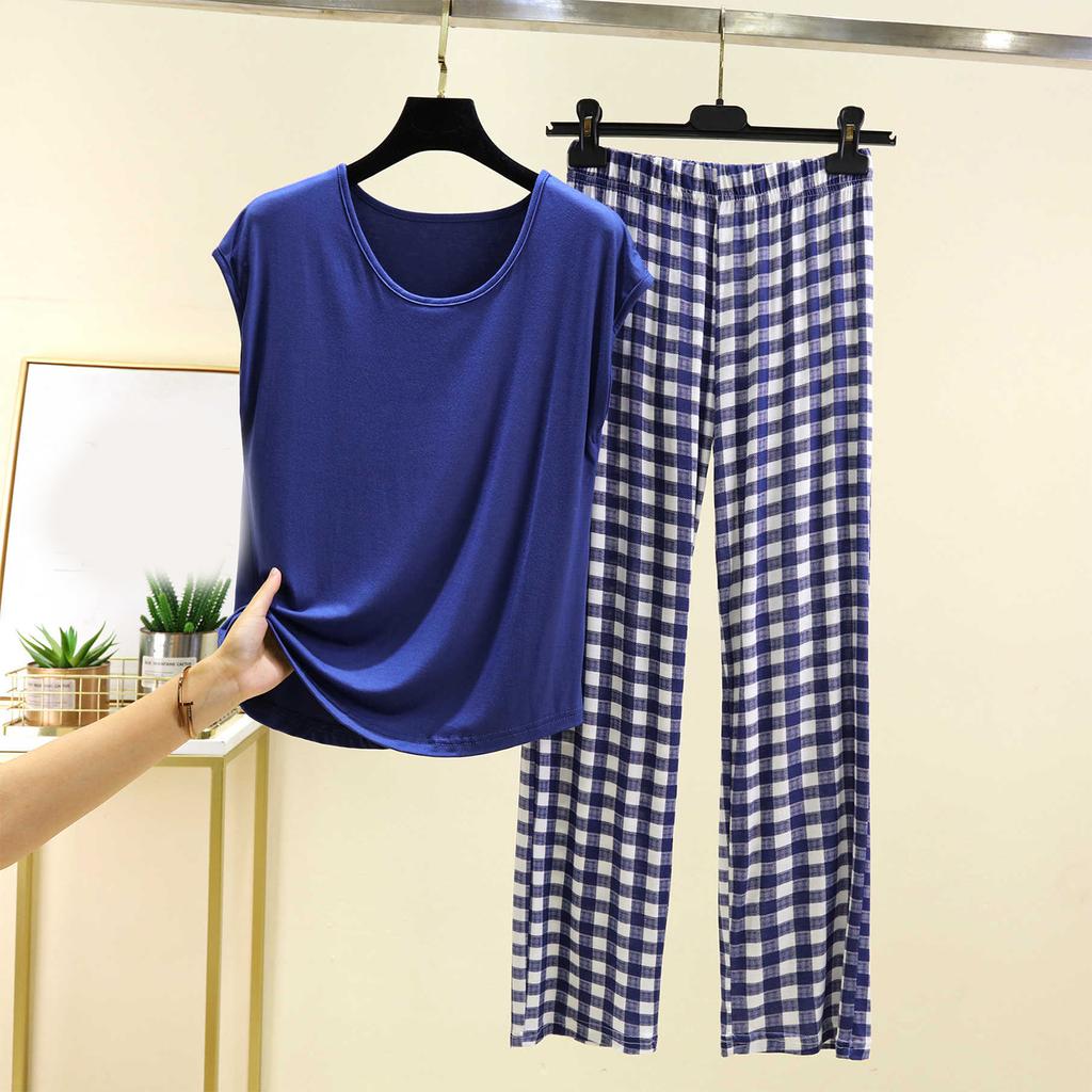 Ladies' Casual And Comfortable Round Neck Solid Color Top With Checkered Printed Pants Plus Size Set