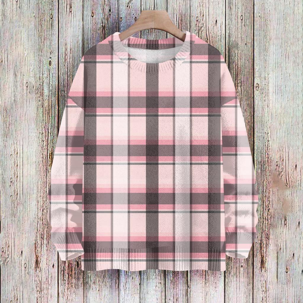 Women's Fashionable Casual Long-sleeved Checkered Printed Round-neck Sweater Knitted Top