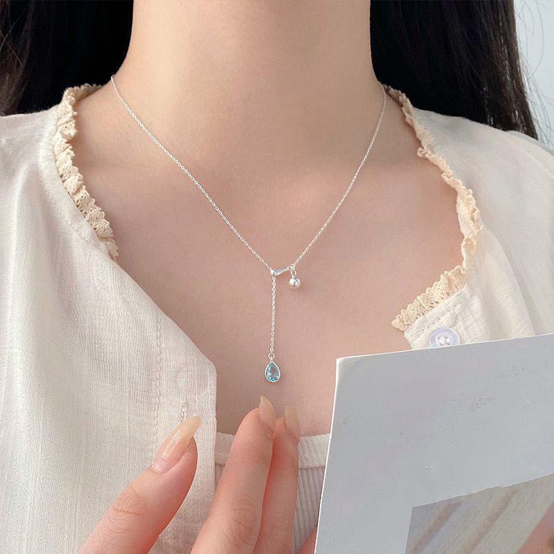 Elegante Collana con Perle d'Argento e Zaffiri - Catena per Clavicola Anti-Sbiadimento, Versatile per Donna