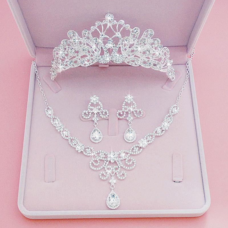 BY4334 Bridal Rhinestones Crown Necklace Earrings Set Wedding Crown Jewelry Set
