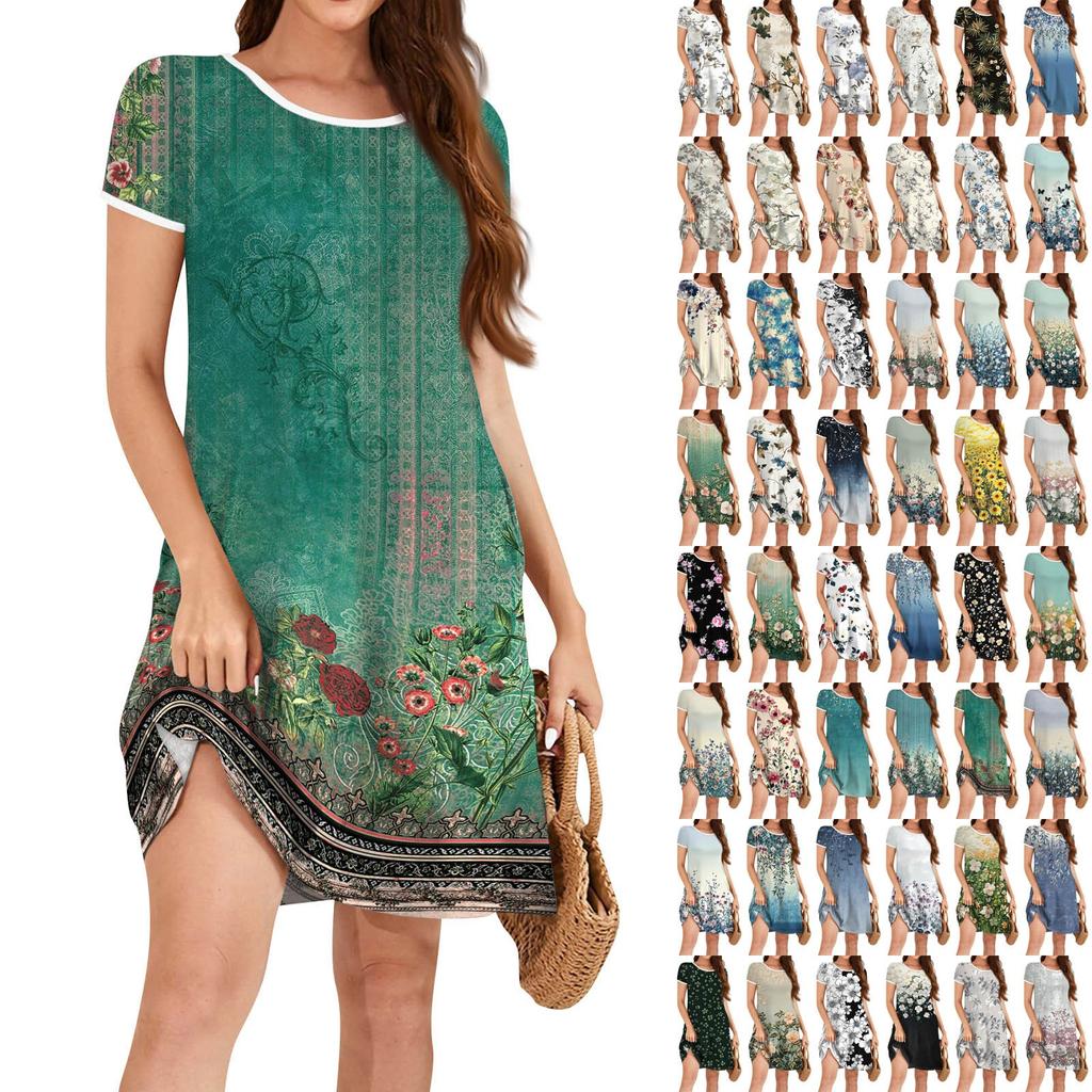 Women's Fashion Casual Floral Print Dress Round Neck Short Sleeves Miniskirt