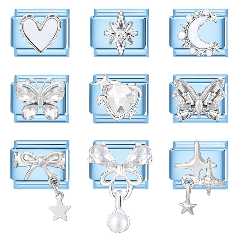 New Shiny Zircon Heart Butterfly Bow Heart Blue Module Italian Charm Links Fit 9mm Stainless Steel Bracelet DIY Making Jewelry