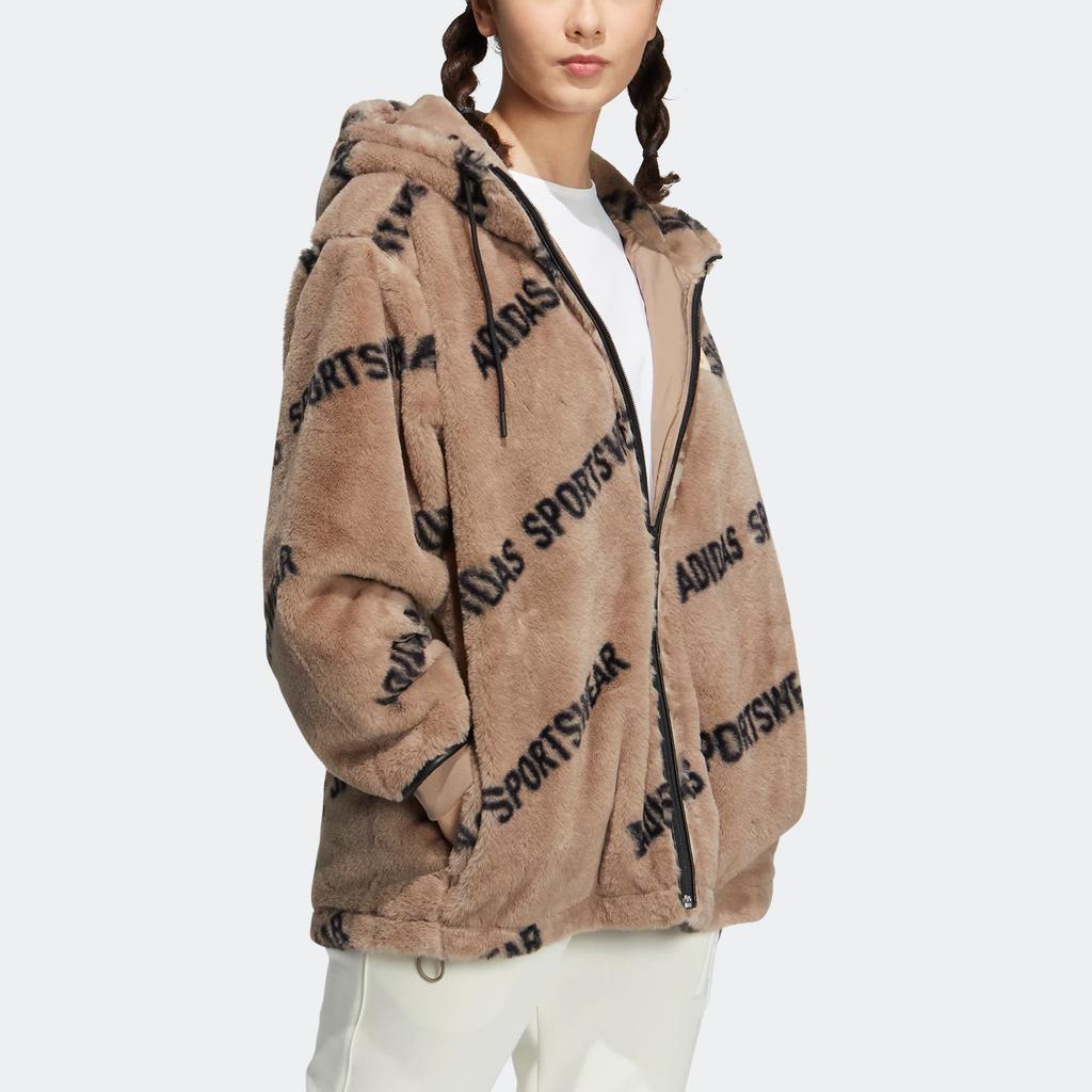Adidas Monogram Jacket Letter Print Fleece Loose Hooded Coat Women Jackets Pink Brown IB2748