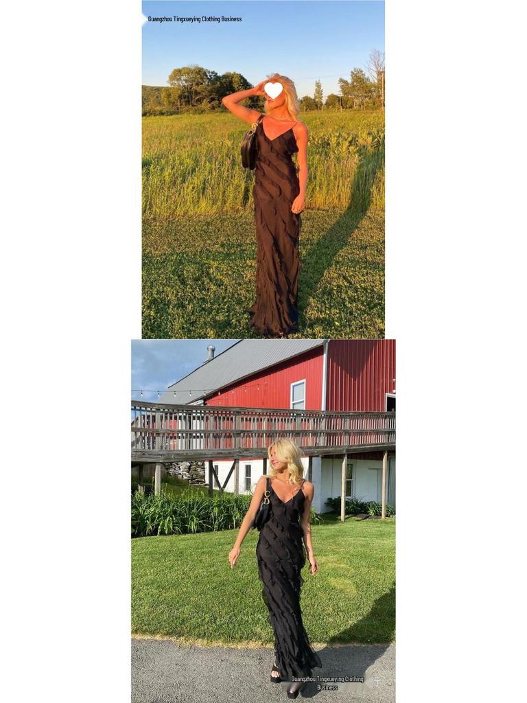 European-American Backless Spaghetti Strap Wave Slim-Fit Slit Maxi Dress