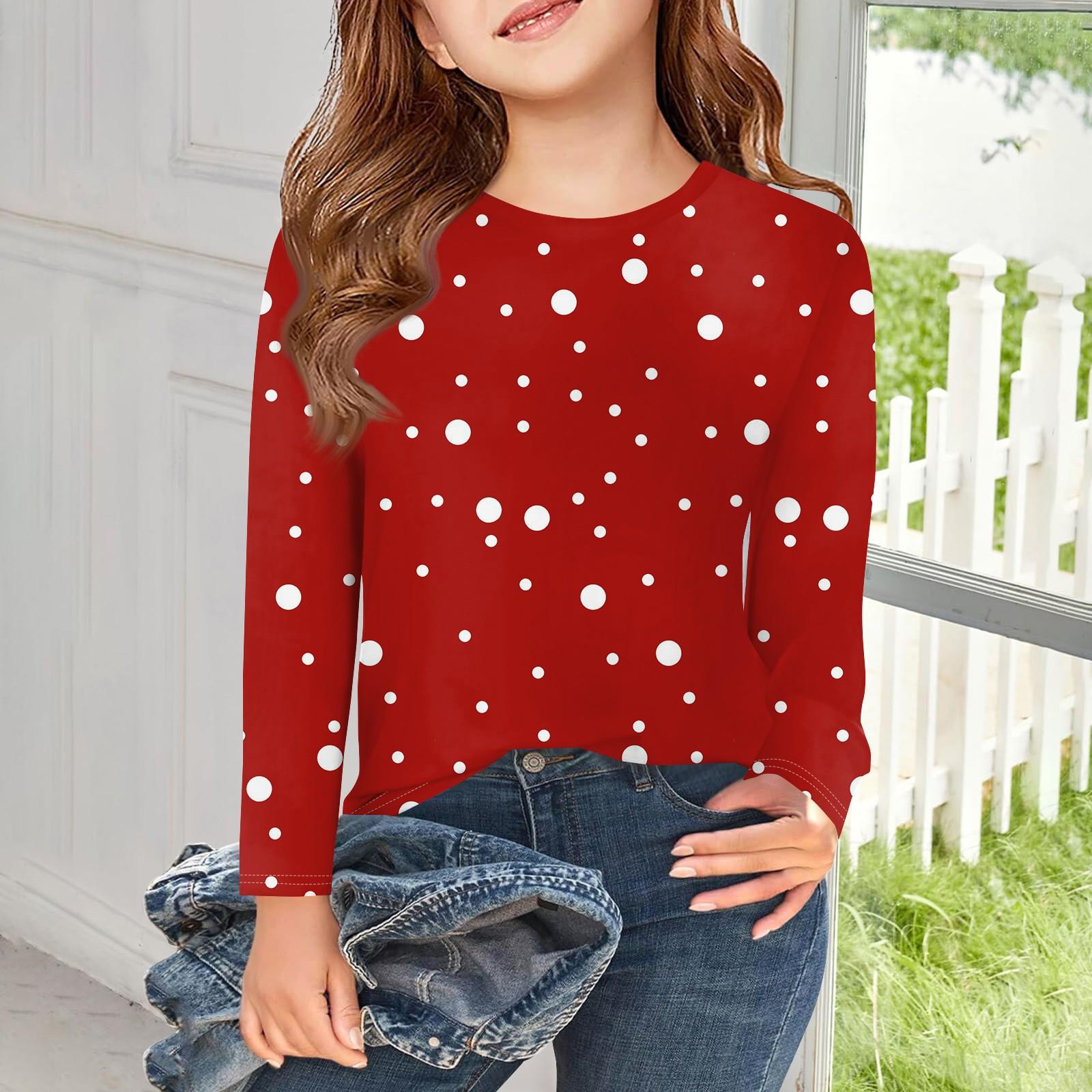 

Футболки с длинным рукавом для девочек, детские осенние топы, простые футболки с круглым вырезом и принтом в крапинку, 5–14 лет 150 винный