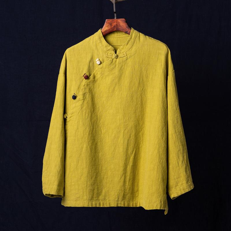 Damen Vintage Baumwolle Leinen Hemden und Oberteile Stehkragen Langarm Frühling Chinesischer Stil Knopf Locker Blusen Hemden