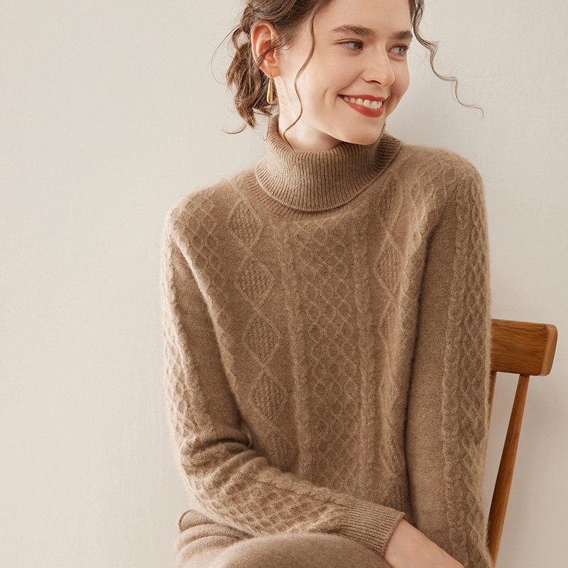 Ladies' Retro High-Neck Double-Strand Cashmere Knit Pullover