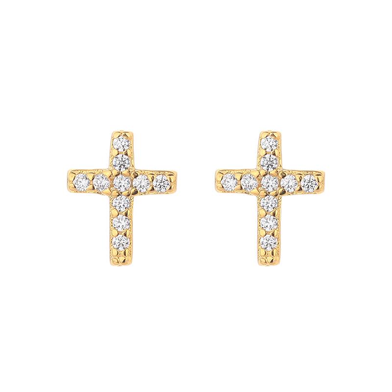Náušnice krížiky z pozláteného 18K zlatom striebra S925 s pave diamantmi - kórejský štýl, dizajn ľahkého luxusu