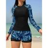 New European and American Swimwear, Long-sleeved Printed Spliced Double-layer Shorts, Women's Split Tankini