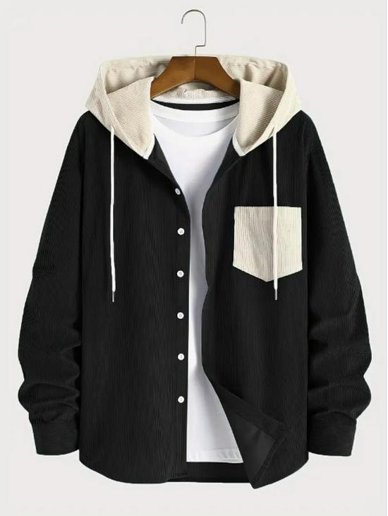 Men's Color-Block Corduroy Hooded Jacket - Warm and Thickened Design
