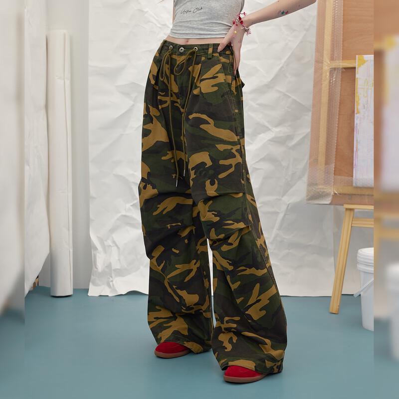 unifree American Retro Camo Print Loose Wide-Leg Casual Pants