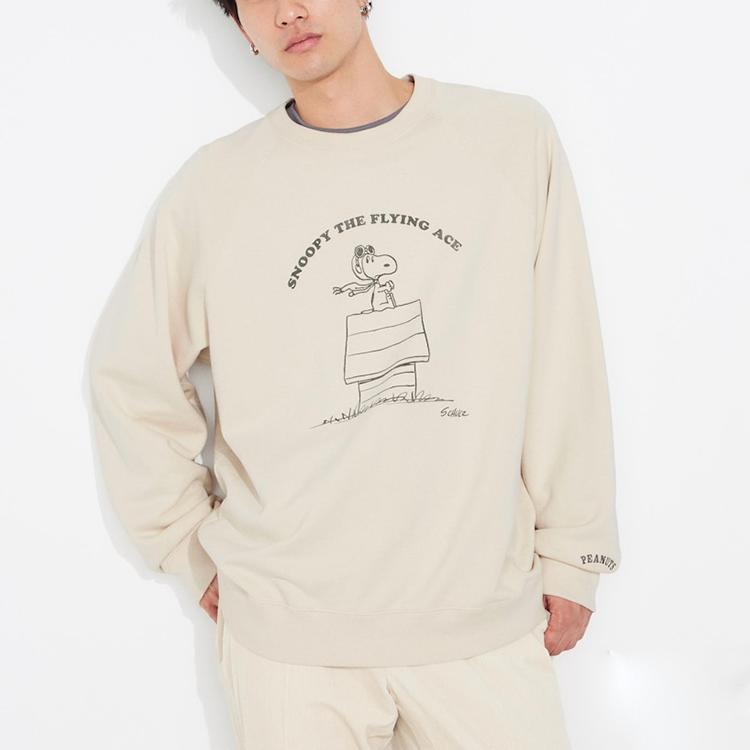 Uniqlo X Peanuts Collaboration Snoopy Pattern Letter Raglan Crew Neck Long Sleeve T-Shirt Unisex Tops Light-Beige 467110-30