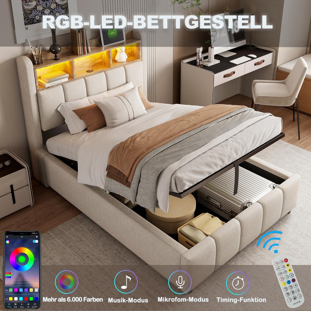 Letto imbottito 90*200cm con illuminazione LED e porta USB, testiera con mensole e spazio contenitore, letto singolo per bambini, beige lino
