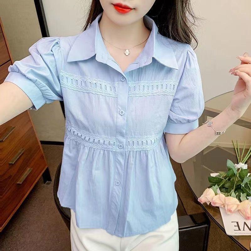 Women's Shirt Bubble Short Sleeved Shirt Shoulder T-shirt Summer Chic Shirt French Short Top
