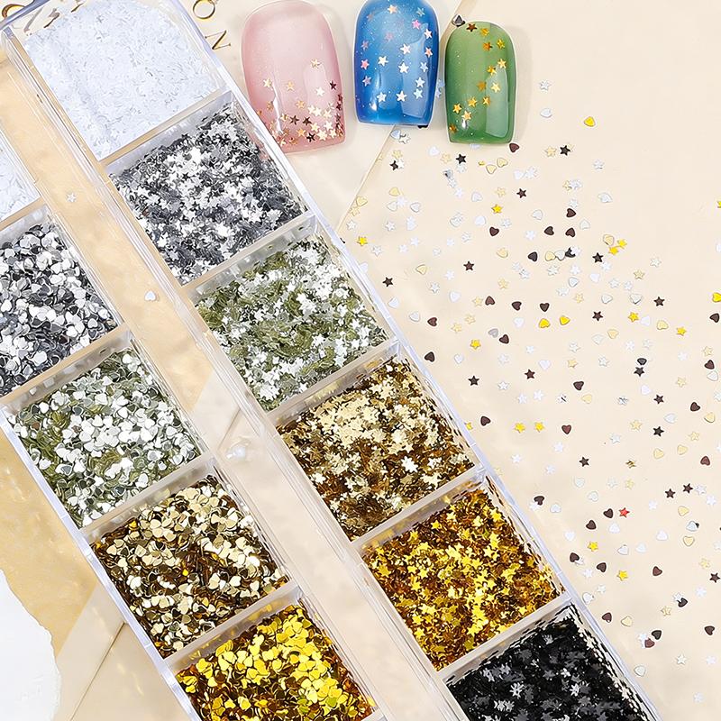 12 Grids Mini Sparkling Star Nail Sequins 3D Star Glitter Holographic Laser Pentagram Flakes Nail Art Charms Diy Decoration