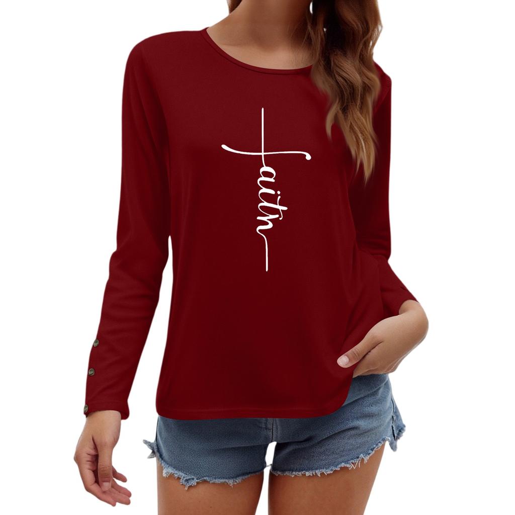 Tshirts For Women Long Sleeve,Round Sleeve Vertical Cross Casual Graphic Shirt,