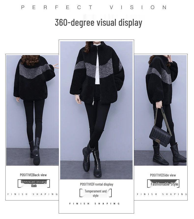 Women's Plus Size Color Block Fleece Coat - Lamb Wool One-Piece, Autumn & Winter Fashion