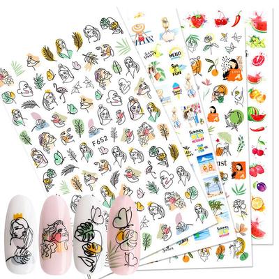 1 Uds. Pegatina de verano para decoración de uñas, pegatinas adhesivas 3D de hojas y flores, envoltura de manicura para cara de mujer y fruta