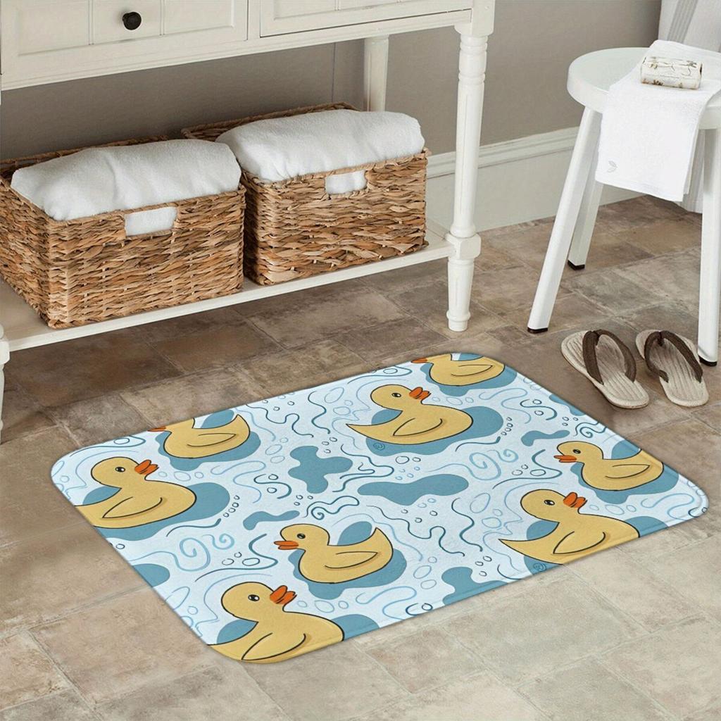 Gummi-Enten-Illustration Matte, Gelbe Enten mit Wellen auf Hellblauem Hintergrund, Polyester Teppich für Innen Hausdekoration