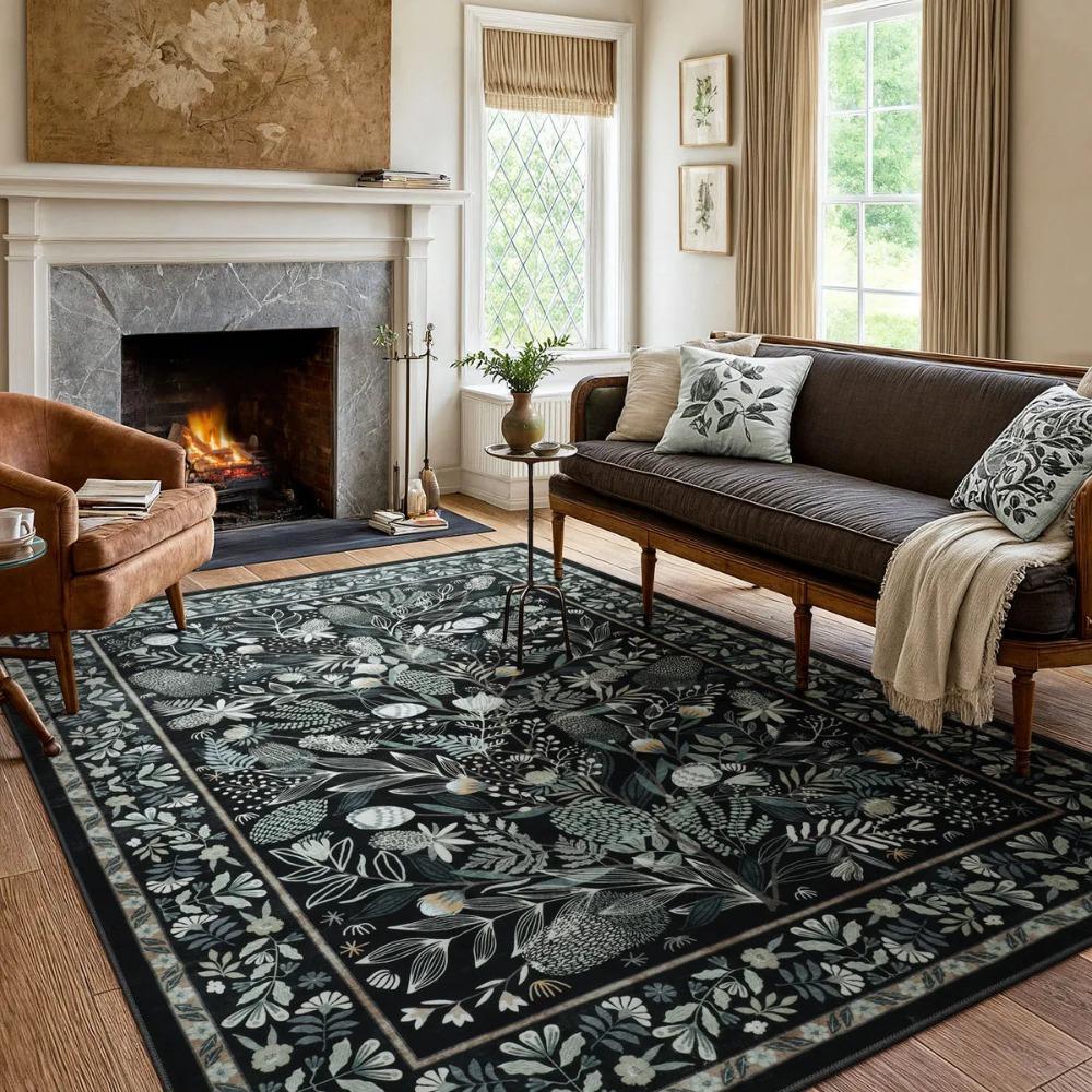 Green Large Area Rugs Botanical Floral Washable Rugs for Living Room Soft Rug for Bedroom Non-Slip Modern Rug Dining Room Mat