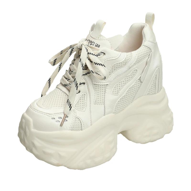 

12CM New 2025 Autumn Breathable Women Chunky Sneakers Lace-up Wedges Mesh Shoes Thick Soles Trainers High Platform Casual Shoes 34