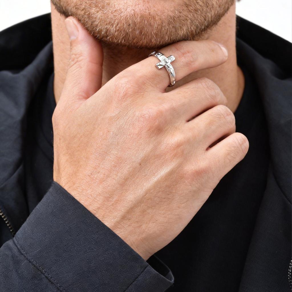 Vnox Stainless Steel Open Cross Ring for Men, Adjustable Jesus Crucifix Faith Band, Black Gold Silver Color Religious Rings NEW