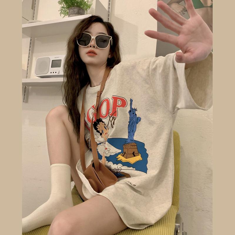American Style Vintage Large Size Cotton T-Shirt Women's Retro Short Sleeve Summer Top Casual Loose Fit Round Neck Tshirts