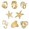 Freeteeme Ocean Element Ring for Women Men Stainless Steel Gold Color Starfish Shell Open Rings Sea Series Jewelry Couple Gift