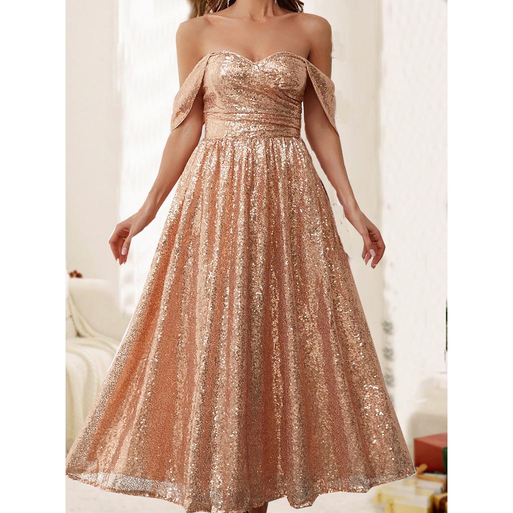 

Women Elegant Off Shoulder Sleeveless Sequins Backless Midi Long Dress Bride Bridesmaids Wedding Party Gowns