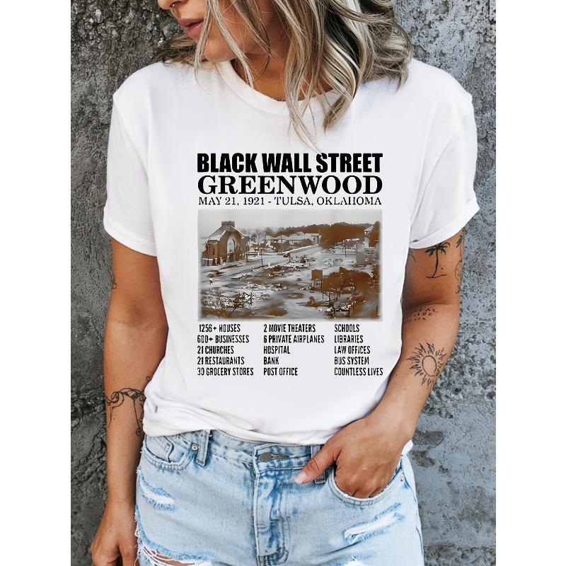 Damen Schwarzes Wall Street T-Shirt Kurzarm Rundhals Lässiges T-Shirt mit Historischem Foto & Datumsdruck, Maschinenwaschbar für - Tragen Geeignet für