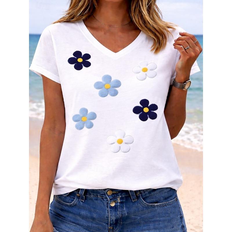 Women's Plants Letter Graphic V Neck T Shirt, Short Sleeve Regular Casual Tops, Daily Multi-color Wear for Spring & Summer