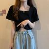 Design-sensory Square Collar Short-sleeved T-shirt for Women In Summer Short High Waist and Student Loose Top for Women