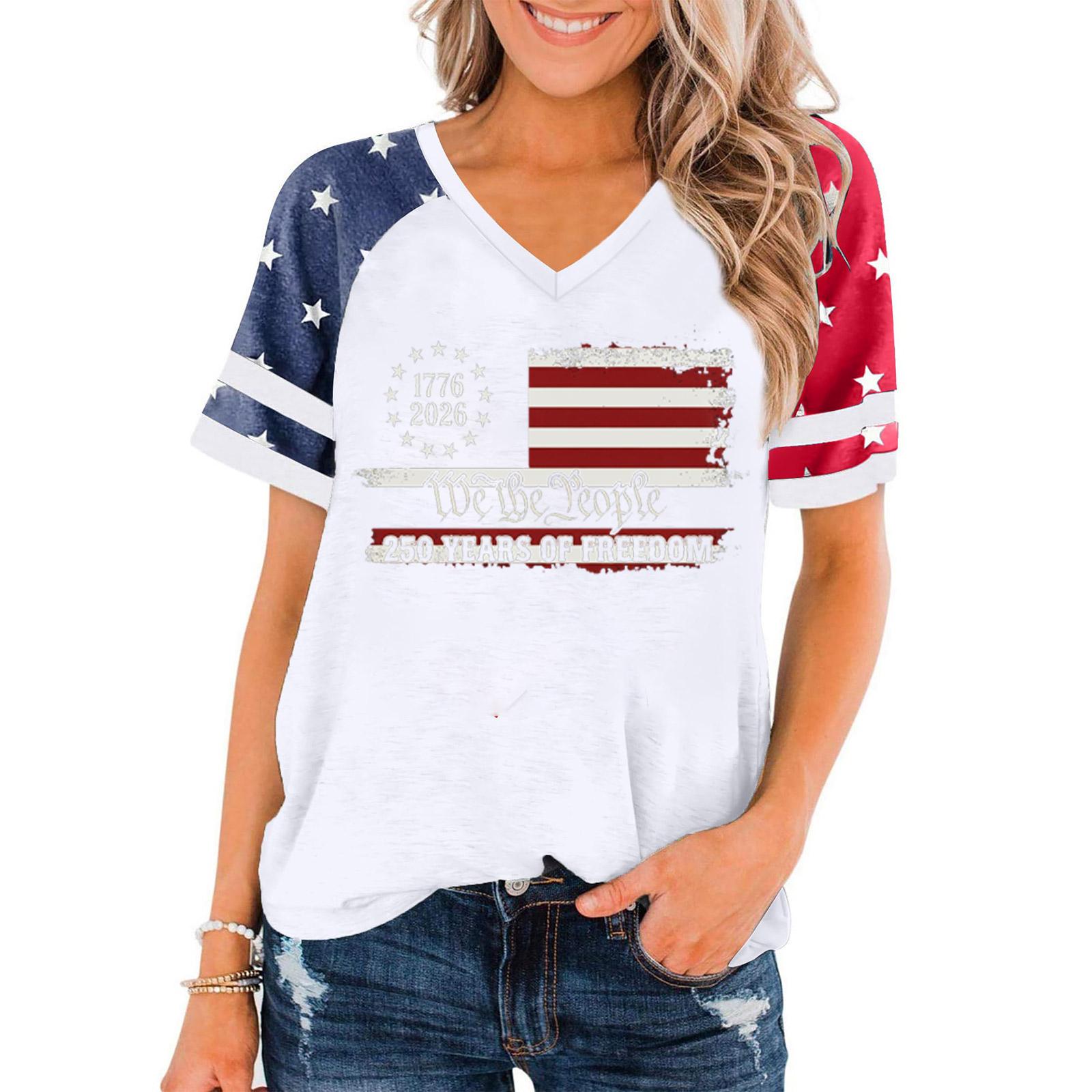 

Women V Neck Short Sleeve Pullover T Shirt Casual Loose Fit Patriotic Graphic Tee for Independence Day Celebration and Everyday Wear XXL