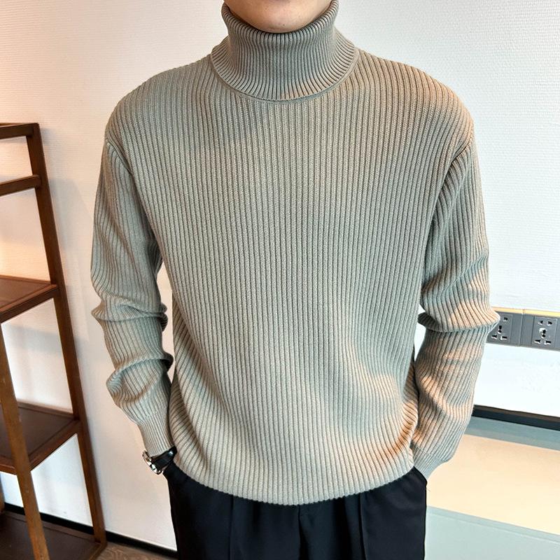 Men's Korean Style Ribbed High Neck Sweater - Autumn/Winter Versatile Long Sleeve Knitwear