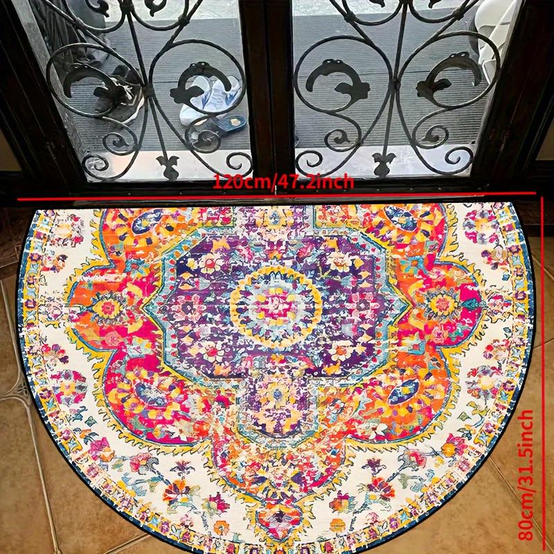 Luxury Bohemian Mandala Half Round Door Mat Jewel Floral Design 2D Flat Non Slip Machine Washable Floor Rug for Entryway Bedroom Home Decor