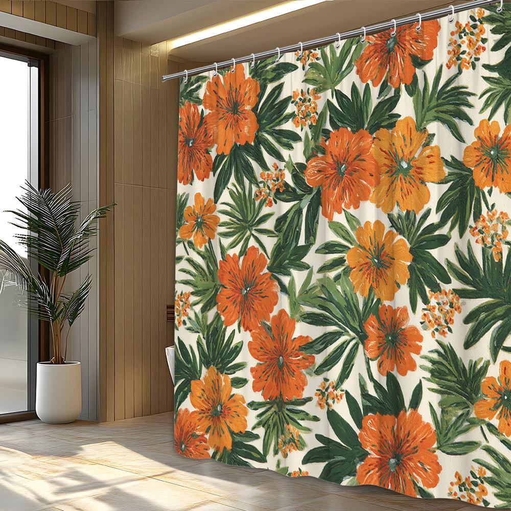 1pc Bright Orange Hibiscus Shower Curtain-Large Flowers and Green Leaves On a Cream Background Polyester Fabric Machine Washable