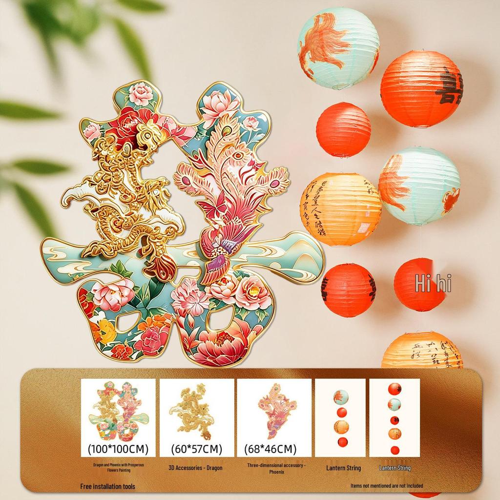 3D Dragon and Phoenix 'Xi' Character KT Board for Wedding Room Atmosphere - Living Room, Bedroom, or Bedside Wall Decoration