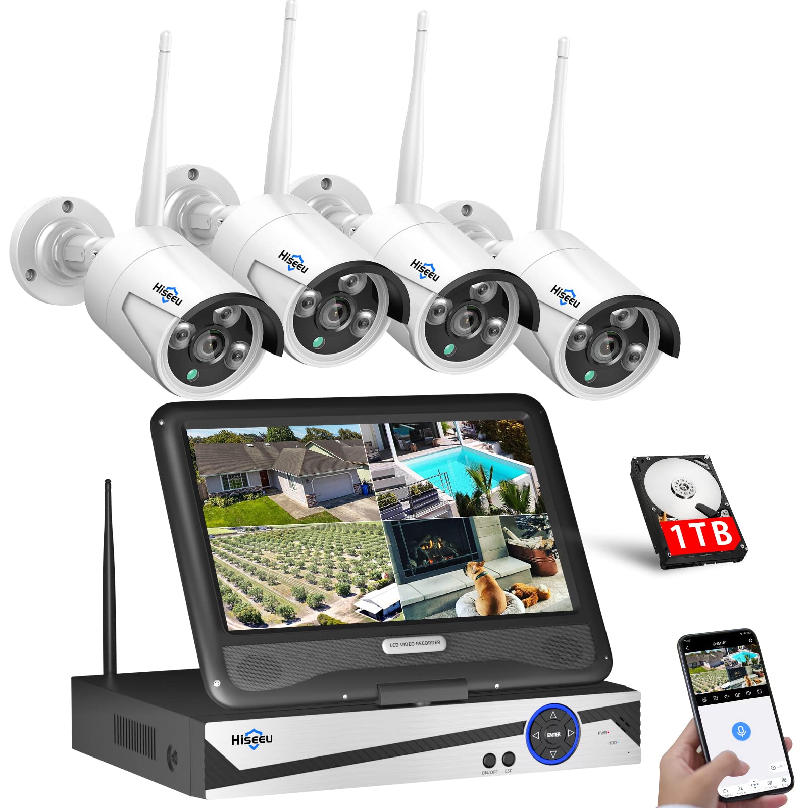 

million Wireless security camera set Hiseeu outdoor security camera inch NVR Expandable up to 8 channels 4 cameras 5 million pixel cameras Remote