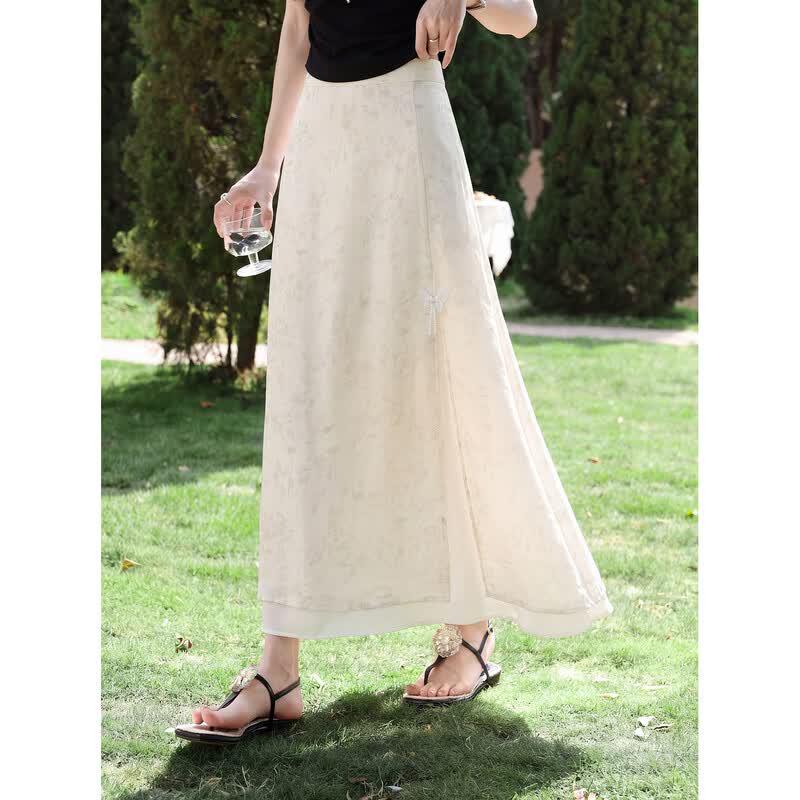 Elegant New Chinese Style Apricot Print A-Line Skirt L